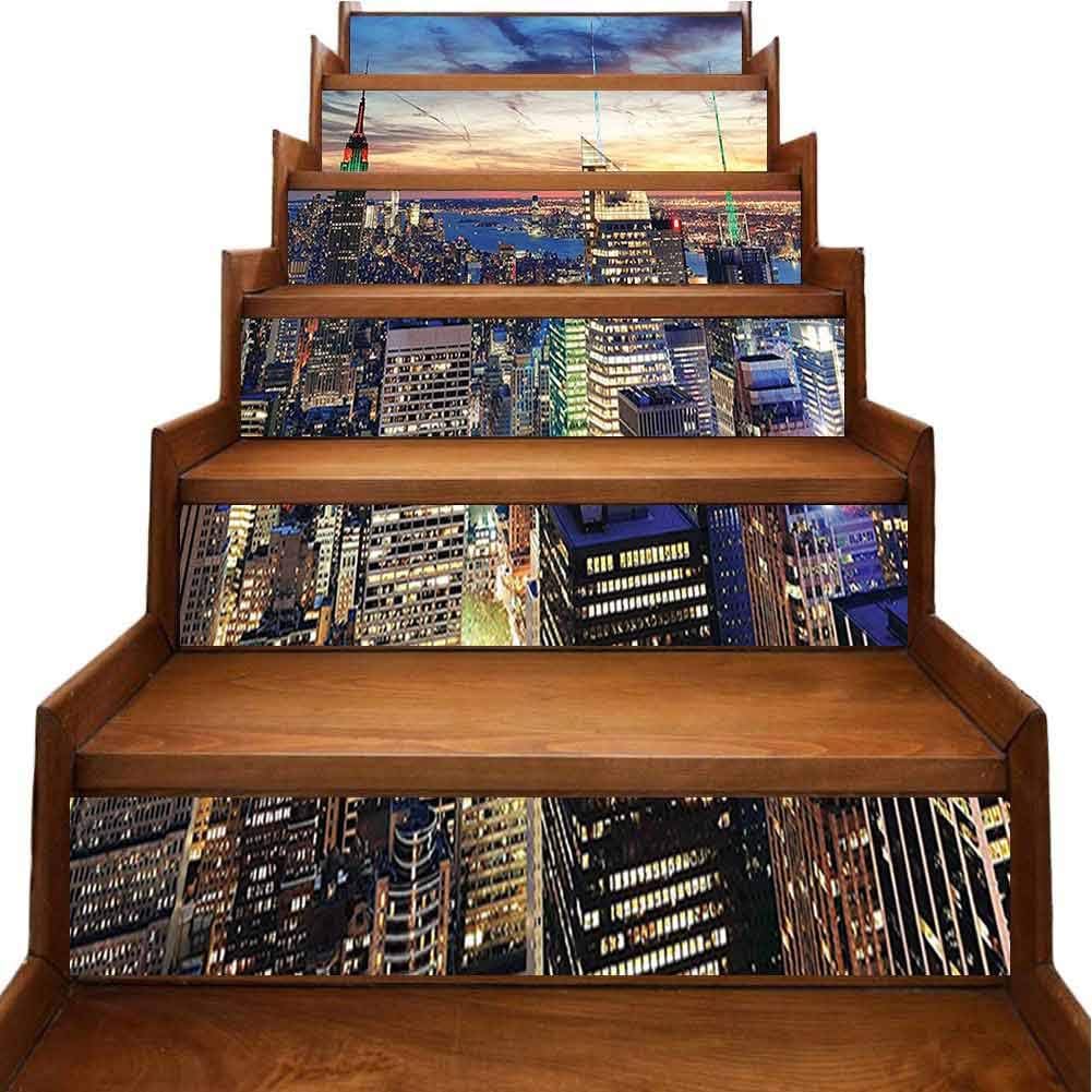 Stairway Decals Skyl NYC Urban Skyscrapers Sunset Dawn Streets USA Architecture Stair Riser backsplash DIY Wall Stickers for Home Decor, W39.3 x H7 inch