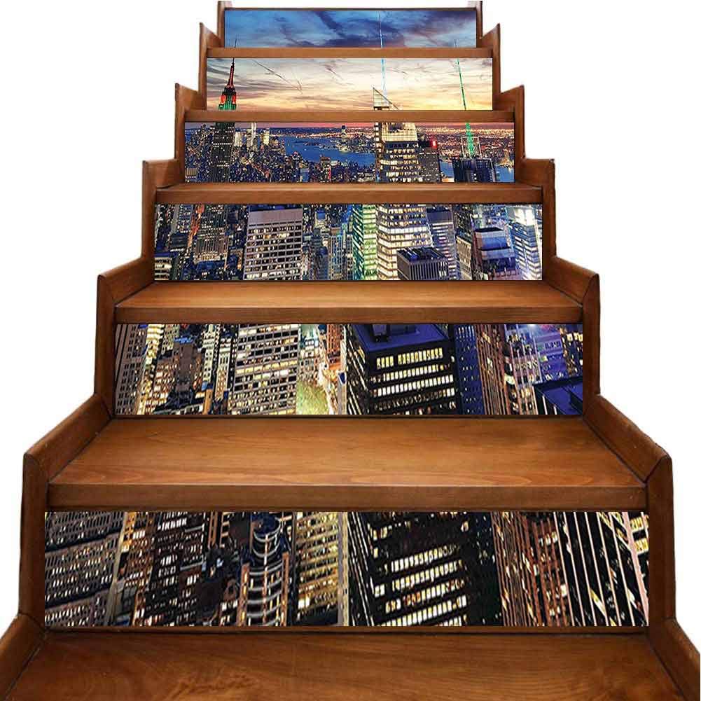 Stairway Decals Skyl NYC Urban Skyscrapers Sunset Dawn Streets USA Architecture Stair Riser backsplash DIY Wall Stickers for Home Decor, W39.3 x H7 inch