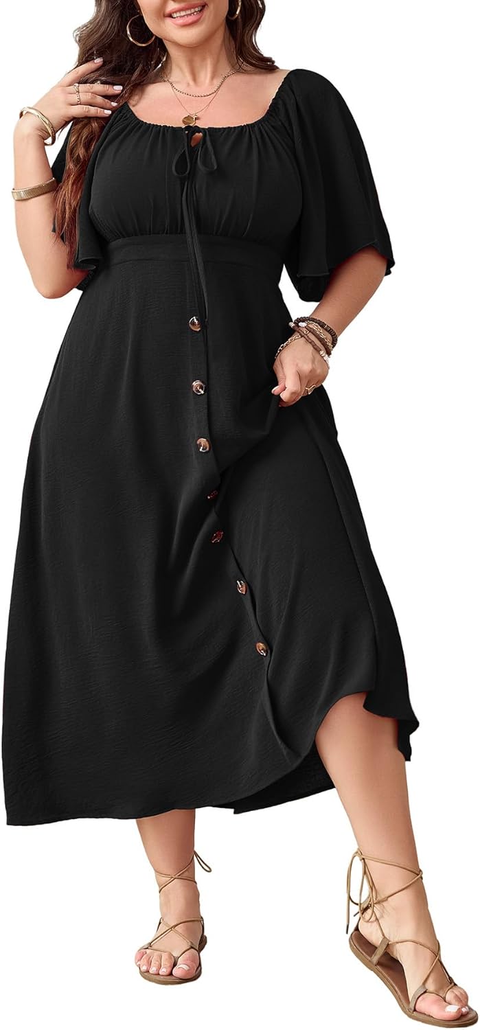Plus Size Summer Dress Short Sleeve Square Neck Tie Front Smocked Button Down Flowy A-line Boho Maxi Long Dresses