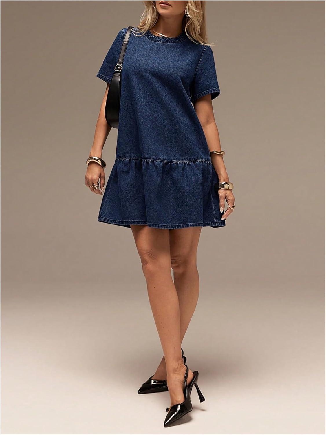 Milumia Women's Short Sleeve Denim Mini Dress Cut Out Ruffle Hem A Line Summer Dresses - Image 4