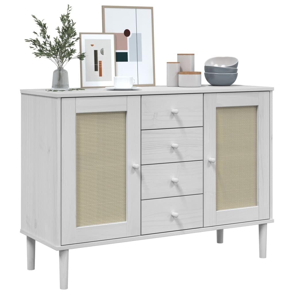 Buffet Commode en Bois Massif de Pin Blanc, Meuble de Rangement Aspect Rotin Style Bohème et Moderne, Enfilade avec 4 Tiroirs et 4 Compartiments pour Salon ou Chambre, 112x40x80 cm, SENJA