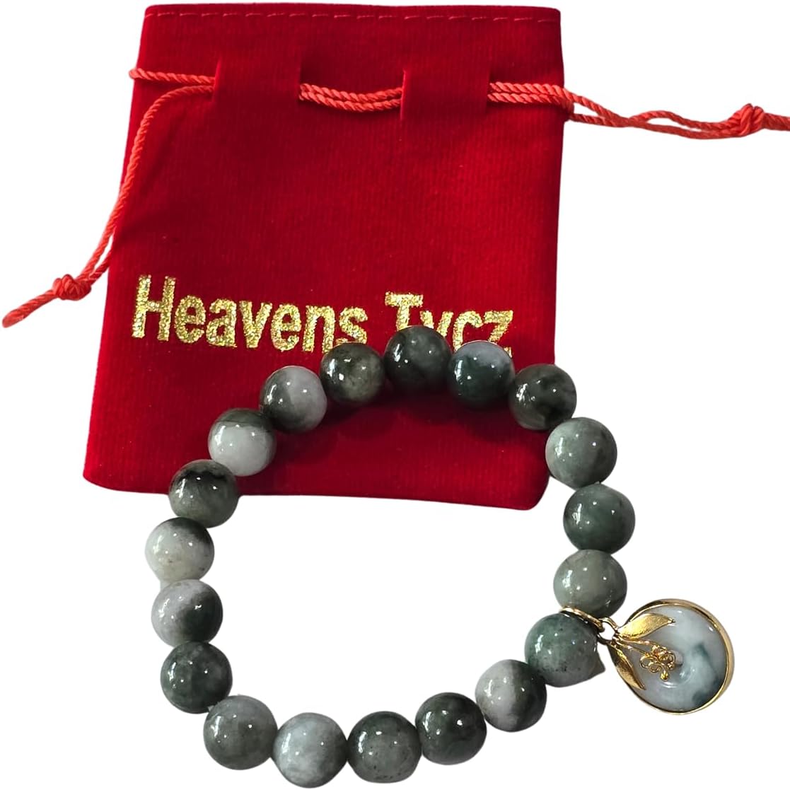 Natural Jade Beaded Bracelet with Donut Pendant, 10mm Green Jade Stretch Bracelet, Feng Shui Protection Wealth Luck Jewelry, Unisex Crystal Healing Bracelet with Free Red Gift Bag