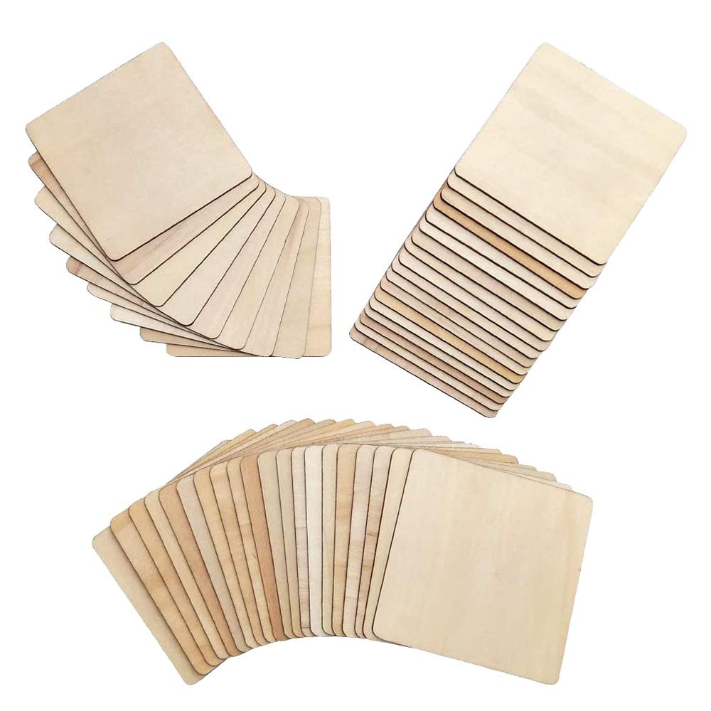CTRLZS 50 Pieces Unfinished Square Wood Slices Blank 4 x 4 In,for Coasters, Pyrography,Painting,Writing,Photo Props Decorations