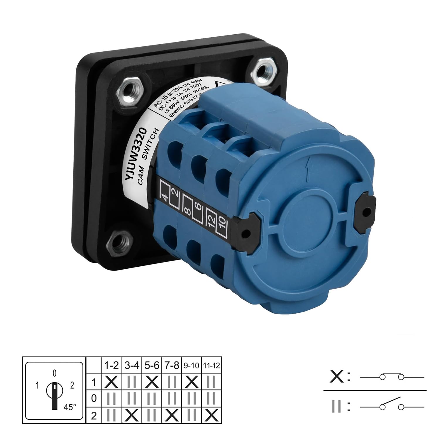 YJYUIU Nockenschalter 660 V, 20 A – 3 Positionen (EIN-AUS-EIN), 4 Phasen, 16 Klemmen – Universeller Drehschalter