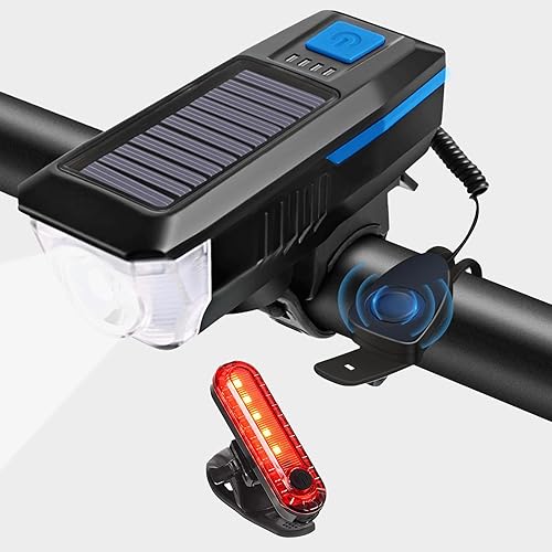 Luces solares recargables para bicicleta, luces nocturnas ultra brillantes para bicicleta, faros delanteros y traseros con campana eléctrica, fácil