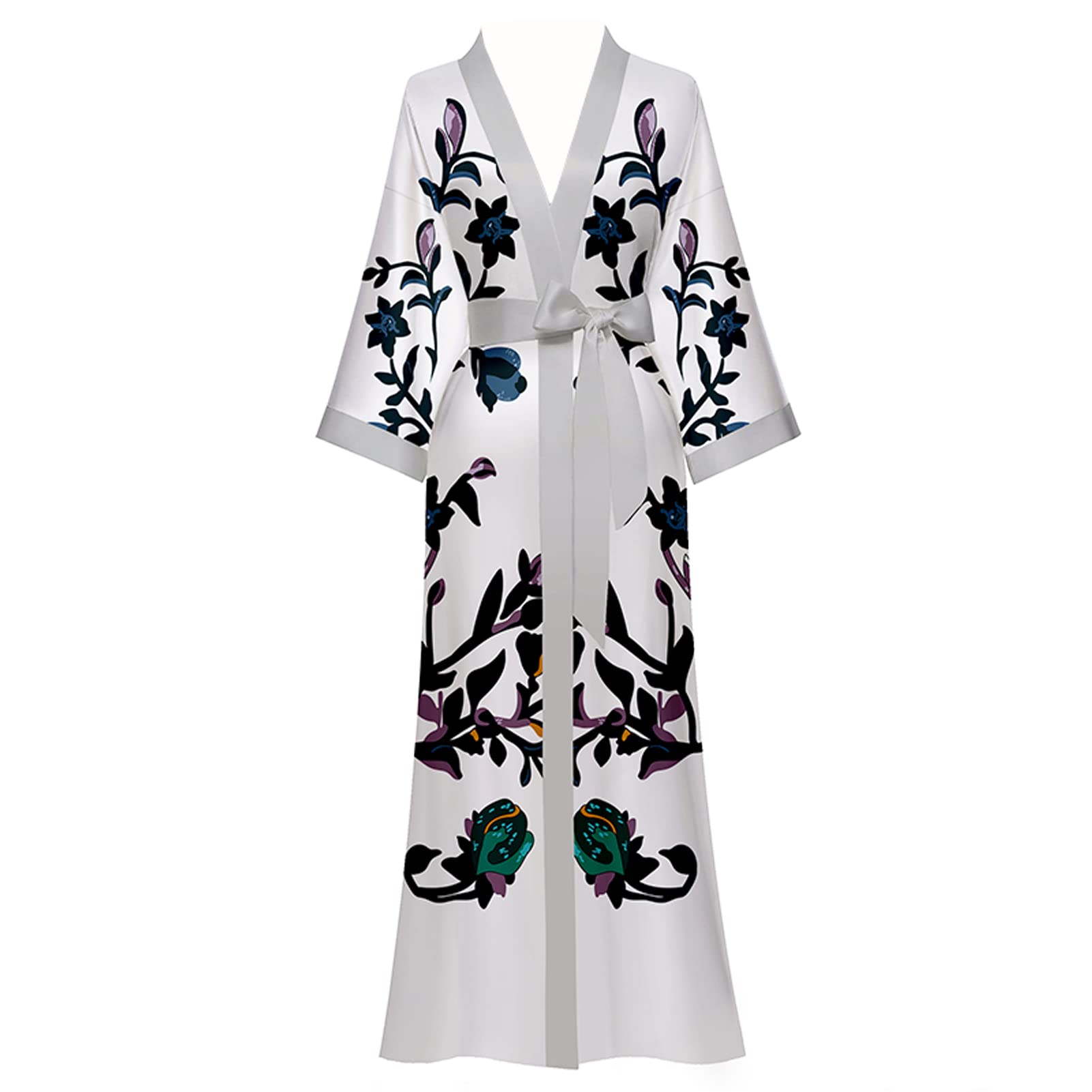 Yemmert Bata de Kimono de Satén para Mujer, Bata de Kimono de Satén con Cuello en V para Mujer, Bata de Kimono Floral de Manga 3/4 con Cinturón