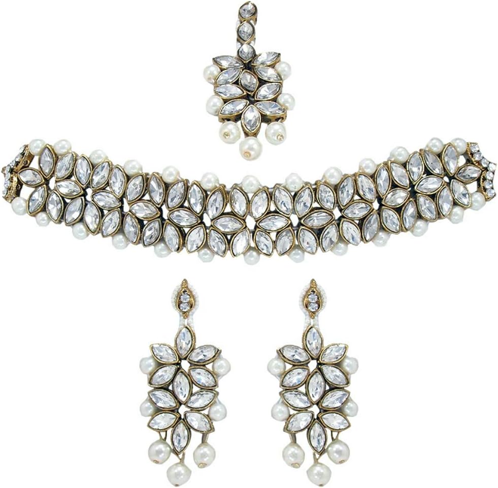 PADMAWATI BANGLES Pragyan Jewels and PADMAWATI BANGLES with White Crystal Kundan Pearl Choker Necklace Dangle Earrings Mang Tikka Jewellery Set for Women and Girls