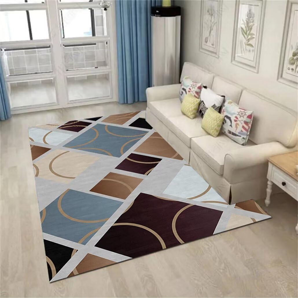 Tapis carré bleu 200x200cm géométrique pour canapé et salon