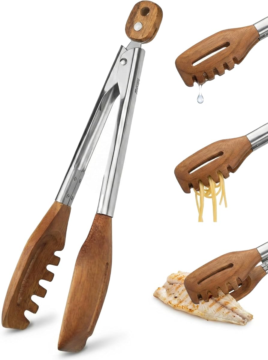 Pinzas de cocina y servidor de pasta 3 en 1 – Pinzas multifunción de nogal de 12 pulgadas con puntas planas y bifurcadas ranuradas para pasta, ensalada, cocinar y más – Pinzas para alimentos elegantes y resistentes al calor para cocineros y chefs caseros