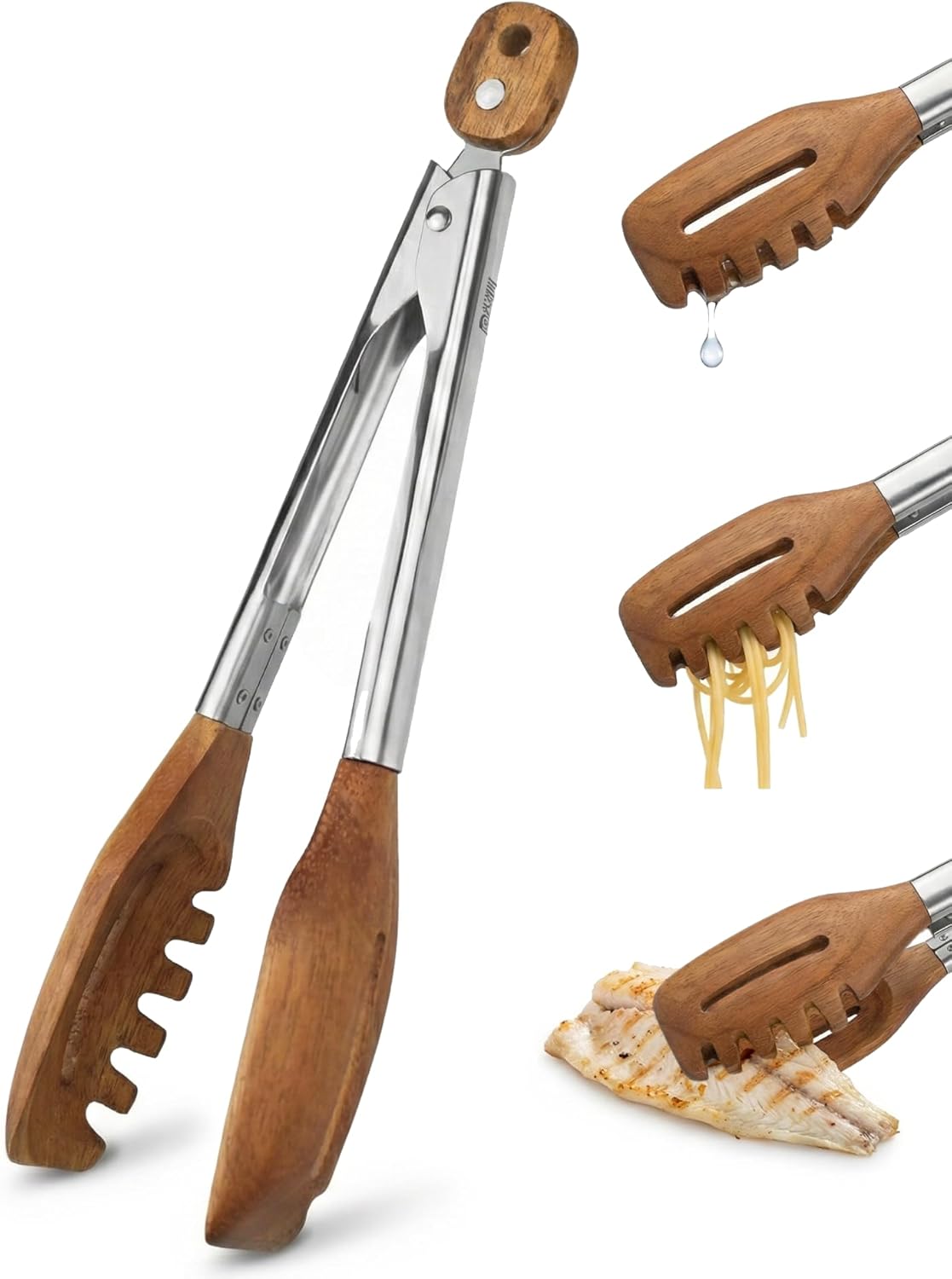 3-in-1 Kitchen Tongs & Pasta Server – 12 Inch Walnut Multifunction Tongs with Slotted Forked & Flat Tips for Pasta, Salad, Cooking and More – Elegant, Heat-Resistant Food Tongs for Home Cooks & Chefs