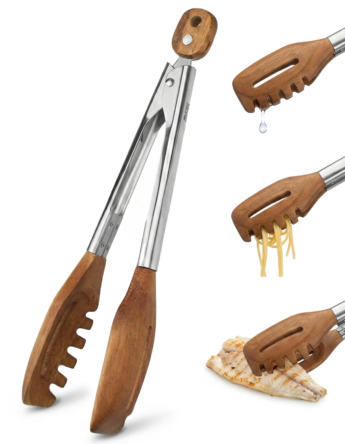 3-in-1 Walnut-Handled Kitchen Tongs & Pasta Server