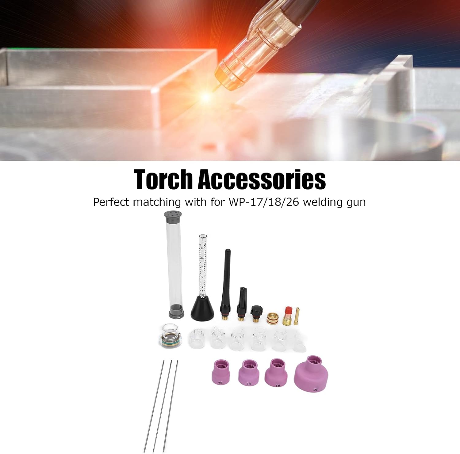 Argon Arc Welding Nozzle Kit Gas Flowmeter Tungsten Needle Sealing Ring 1.6mm for WP17 WP18 WP26 Welding Torch Accessories Complete Replacement Parts Ceramic Material High