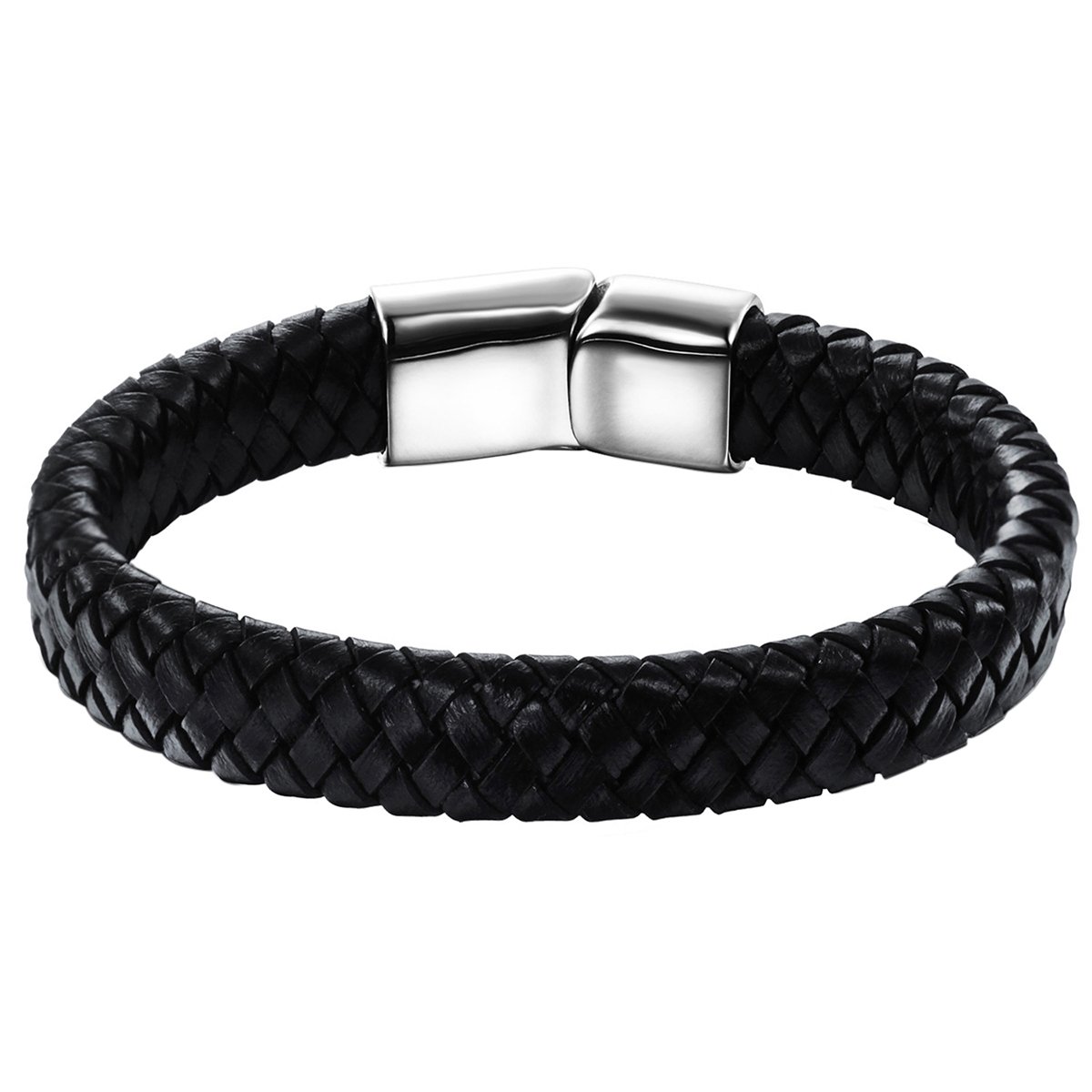 Cupimatch Pulsera Hombre Cuero con Acero Trenzado Brazalete Punk Rock Negro Hipoalergenico Regalo Dia de Padre Cumpleaños