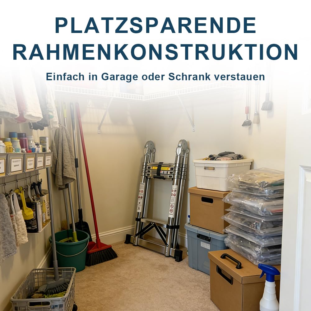 5M(2.5m+2.5m) Edelstahl Teleskopleiter, 2-in-1 Faltbare A-Form Leiter & Geradeleiter mit 150 kg Traglast, stabilere Verriegelung, Anti-rutschige Füße für Haushalt, Garten und Renovierung