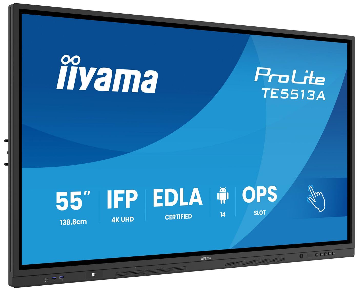 iiyama Prolite TE5513A-B2AG - Display interattivo IPS, 138,8 cm, 55", 4 K UHD 40 punti touch PureTouch IR− HDMI DP USB-C DP-Alt USB2.0/3.2 RJ45 WiFi OPS Android 14 Google EDLA PIR NFC AntiGlare 7H 24