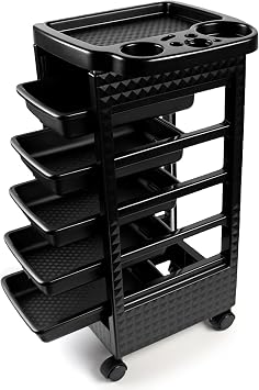 Hair Styling Salon Trolley Cart with Wheels and 5 Drawers,Rolling Cart for Hair Stylist, Beauty Salon Equipment,TattooBlack