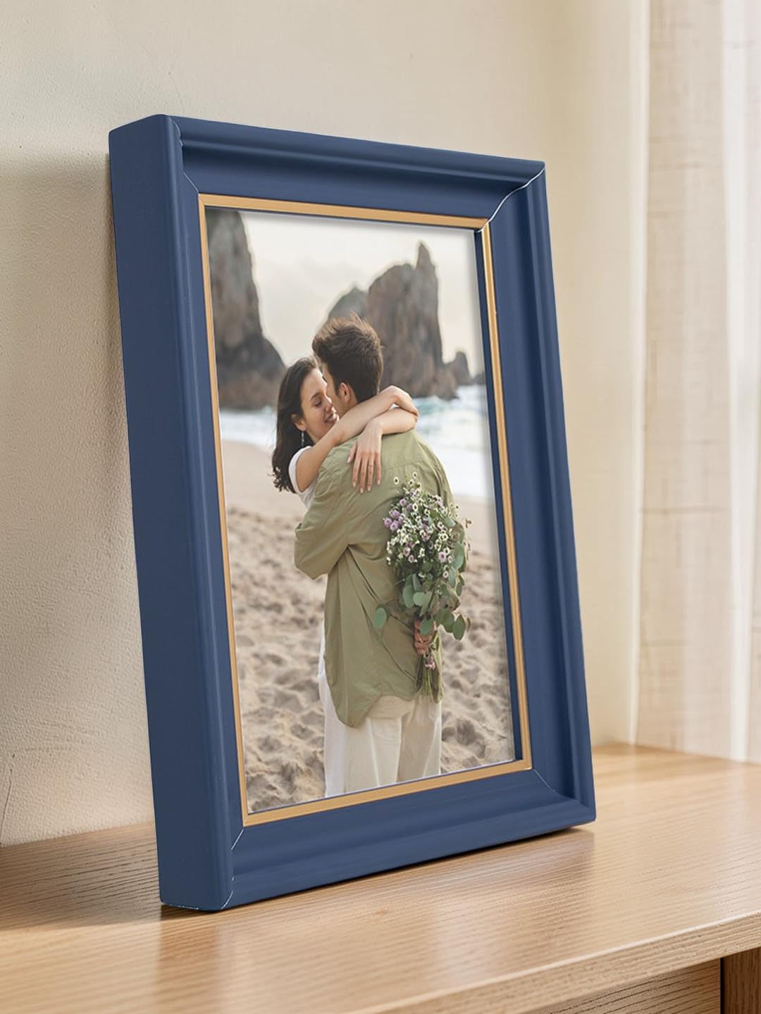 Golden Peacock 5x7 Inch Navy Blue & Gold Table Top Photo Frame | Horizontal & Vertical Display | Glass Front | Decorative PVC Frame for Home Decor & Gifting (Dark Blue)-image-12