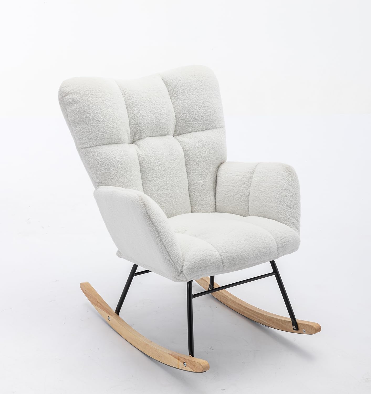 Modern Ivory White Teddy Fabric Rocking Gilder Nursery Chair for Living Room Bedroom Indoor,Casual Lounge Rocking Armchair