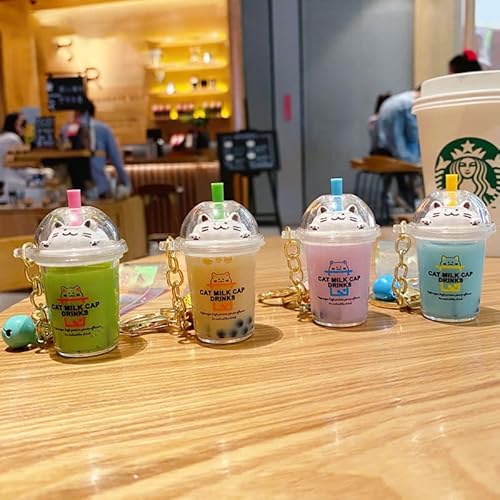 Hsyhere Men Women Creative Cute Lovely Simulation Fortune Cat Good Luck Lucky Kitty Milk Tea Cup Keychain Keyrings, Moving Sand Car Key Chain Key Ring Bag Pendant Key Holder Strap Bell -Purple #TOP2