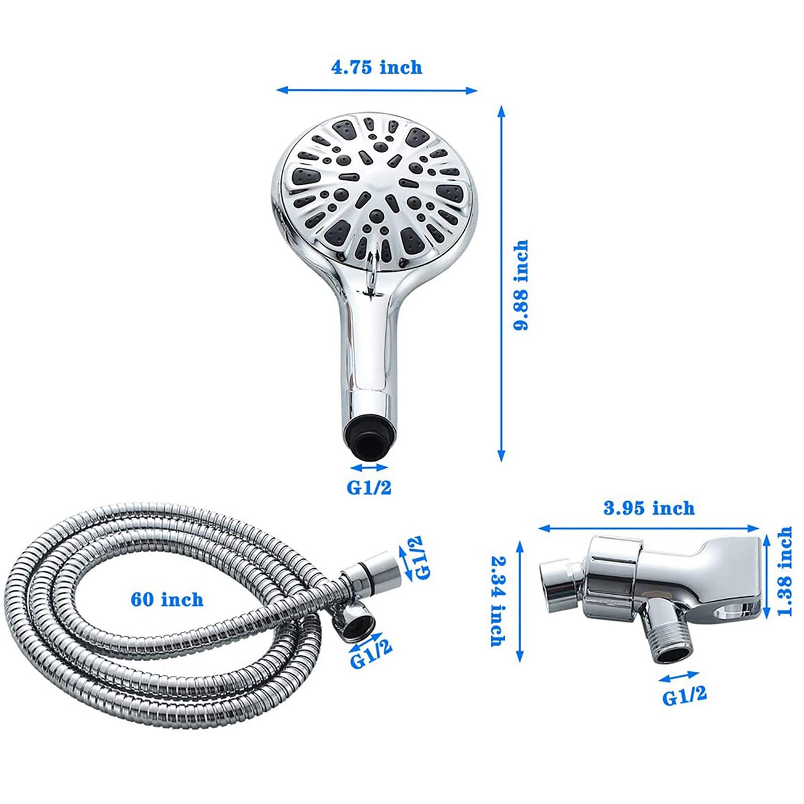 Alcachofa Ducha Alta Presión 9 Modos, ABS Antical Alcachofa de Ducha de Mano con Manguera 1.5M, Soporte, Cromado G1/2 Ajuste Universal Duchas de Baño Alcachofa, Fácil de Instalar