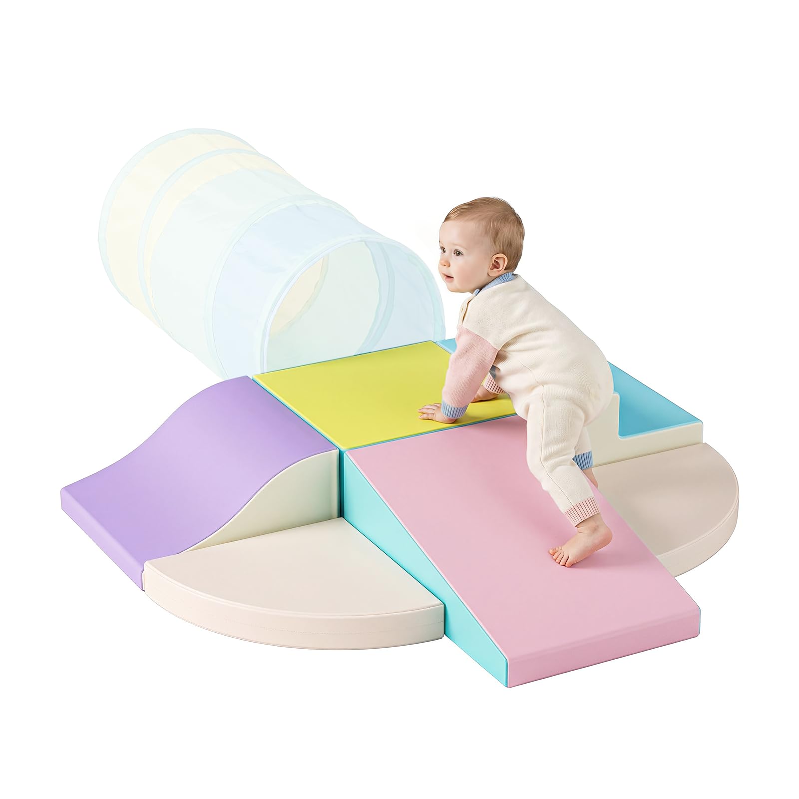 Parcours motricité bébé,6 Pièces Module Motricité Enfant Cuir PU Blocs Mousse Éducatifs - EPE Jouets Descalade Bébé Structure d'escalade Antidérapante (Macarons)