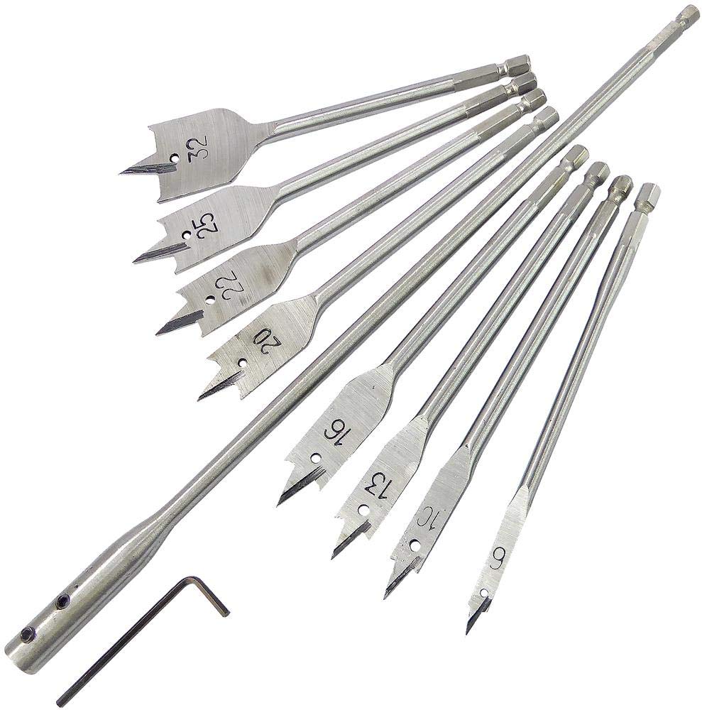 Juego de brocas de madera de pala plana (10 unidades), contenido del kit tamaños 6, 10, 13, 16, 20, 22, 25, 32 mm, barra de extensión de 300 mm con llave hexagonal, vástago de cambio rápido hexagonal