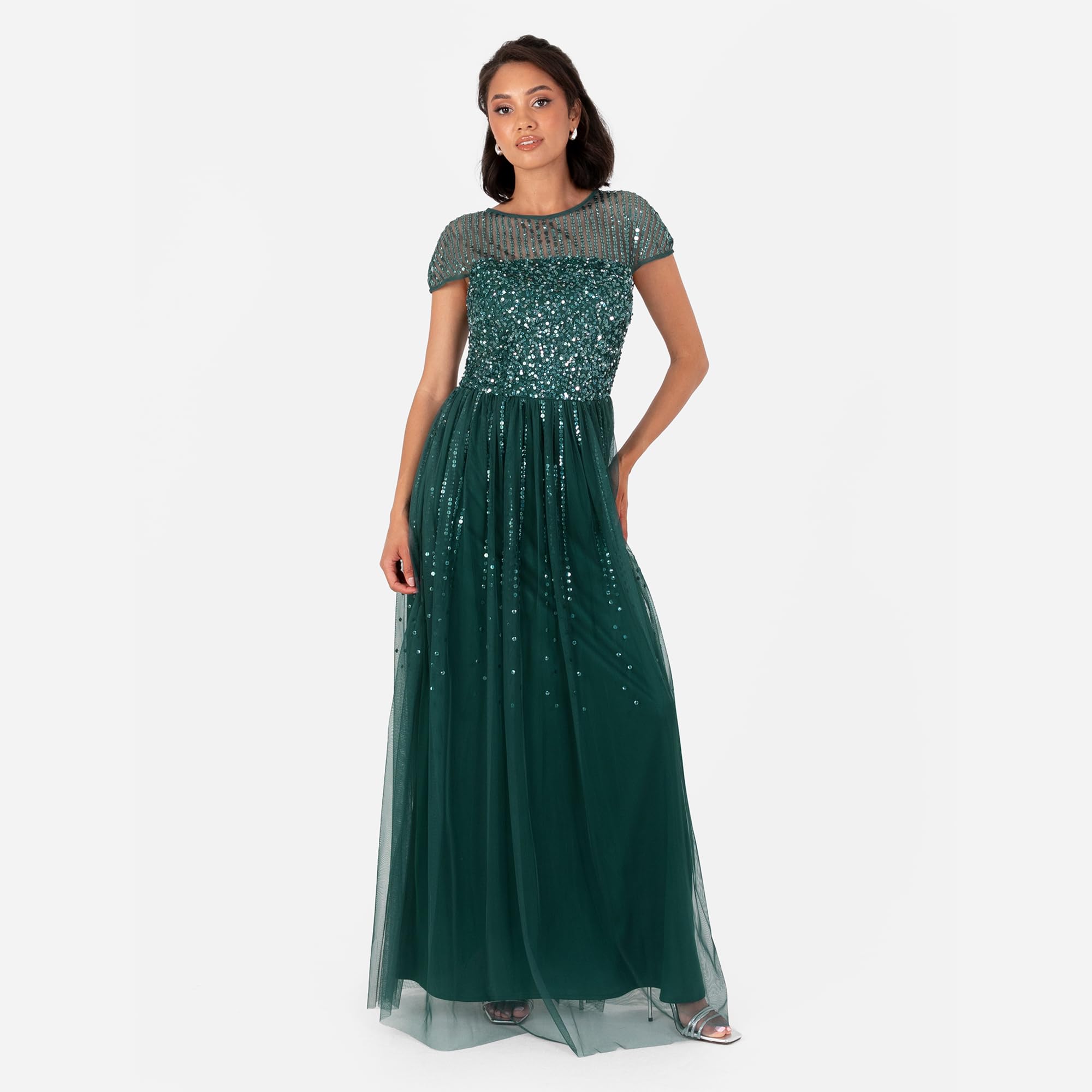 Maya Deluxe Damska sukienka maxi, z okrągłym dekoltem, z paskiem w paski, z haftowaną koszulką, z motywem nagrody A-line, szmaragdowy (Emerald Green), 54