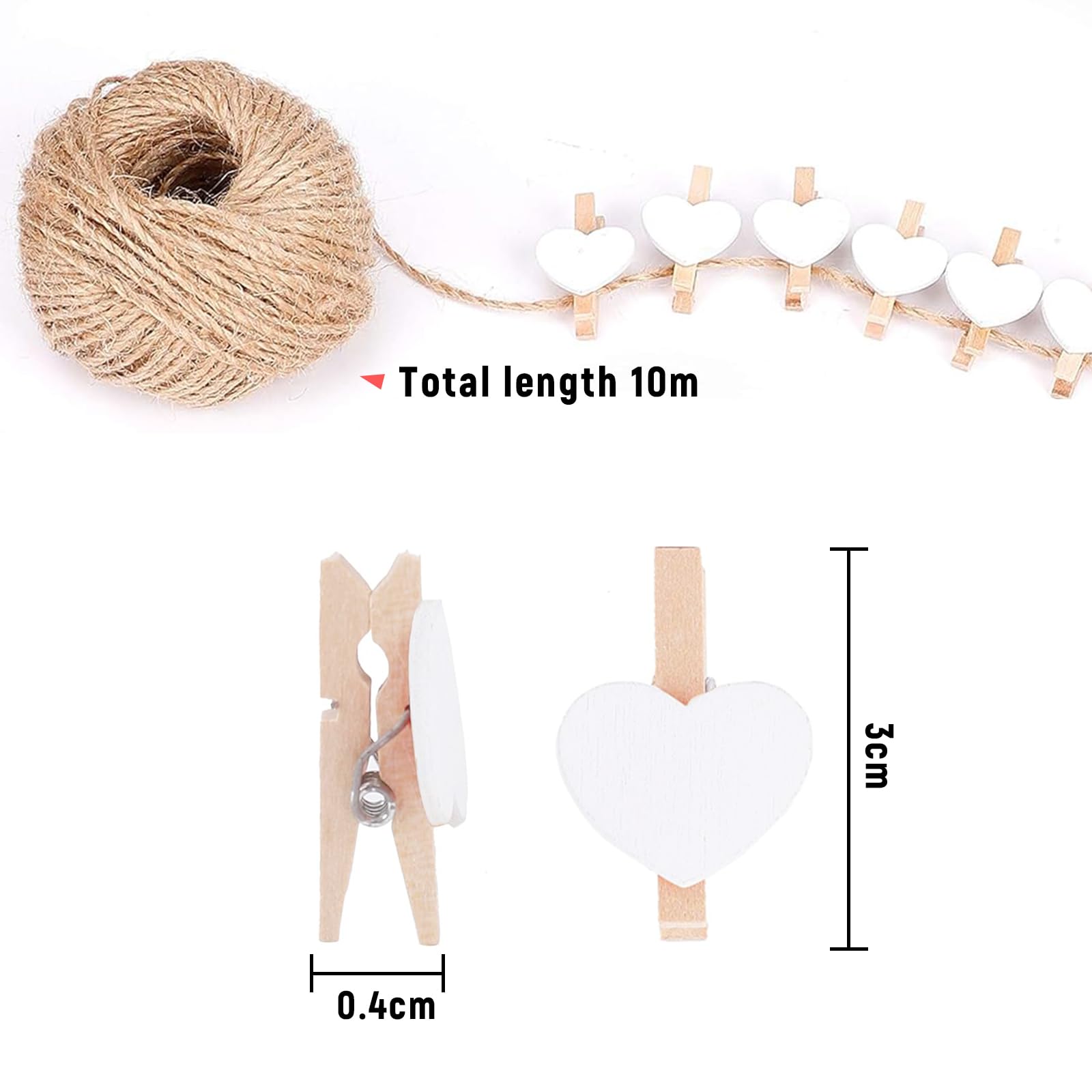 100 Mini Pinces à Linge En Bois En Forme De Cœur + 5m Ficelle Jute - Pour Photos, Déco, Mariage, Artisanat - Blanc