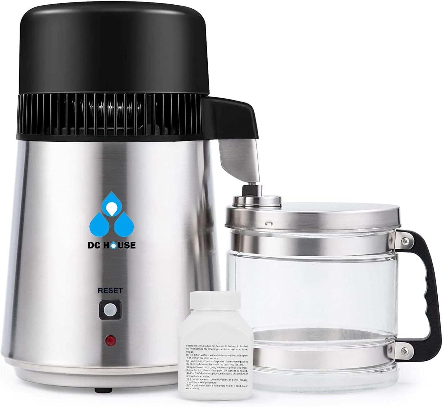 DC HOUSE Distilled Water Machine 1 Gallon, Stainless Steel Water Distiller for Home Countertop 110V 750W Purifier for Humidifier Office CPAP with Smart Switch, Glass Pot