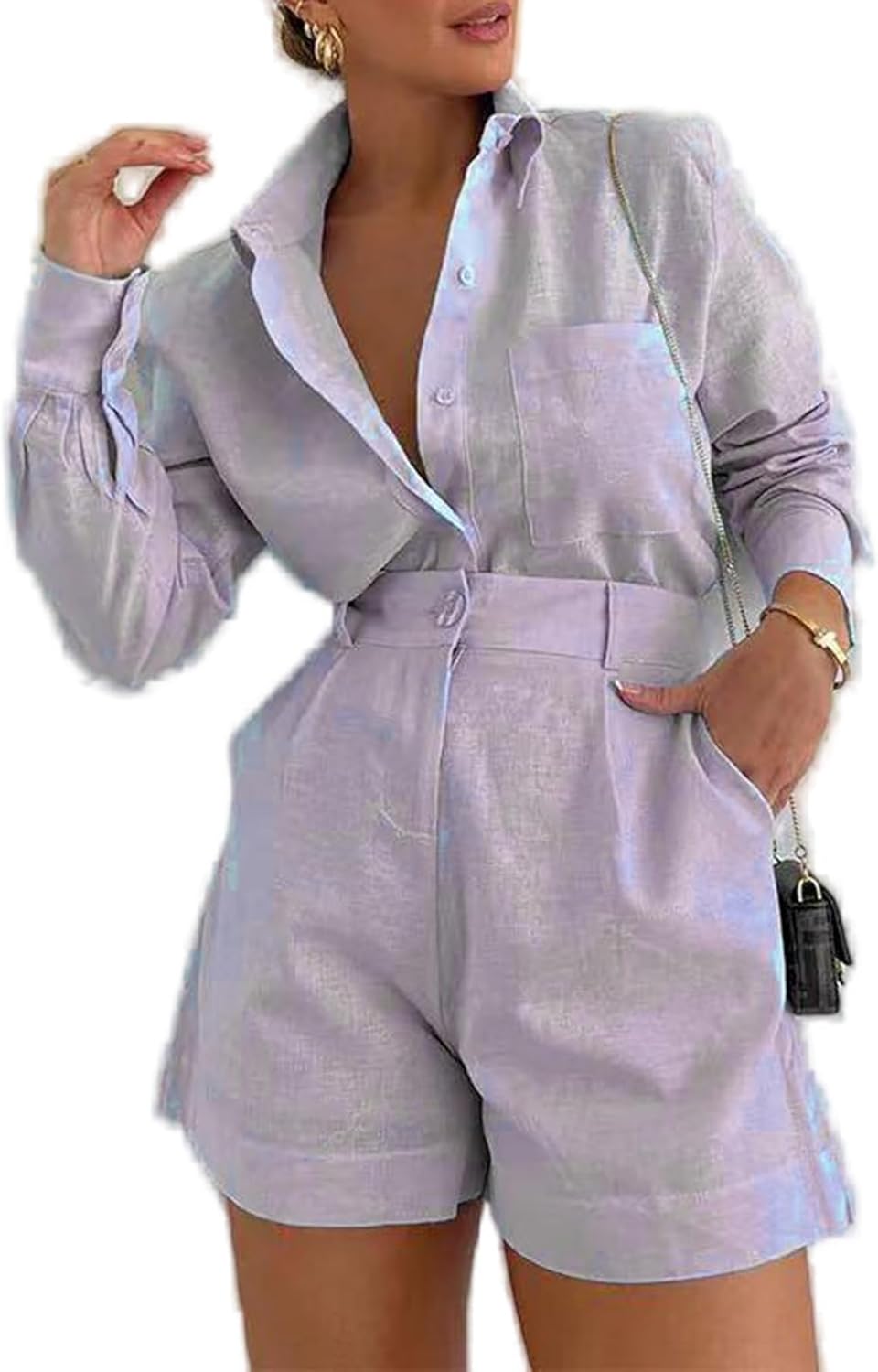 Geulis Women's 2 Piece Shirts Outfits Casual Button down Long Sleeve Blouses Tops High Waisted Shorts Sets with Pockets