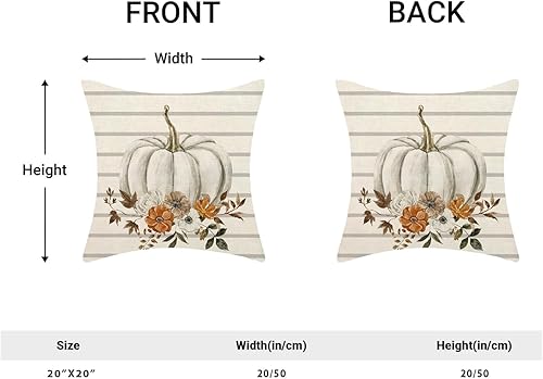 Miniatura 5 de Juego de 2 fundas de almohada de otoño de 20 x 20 pulgadas, fundas de almohada de calabaza en acuarela, rayas grises, flores de otoño para