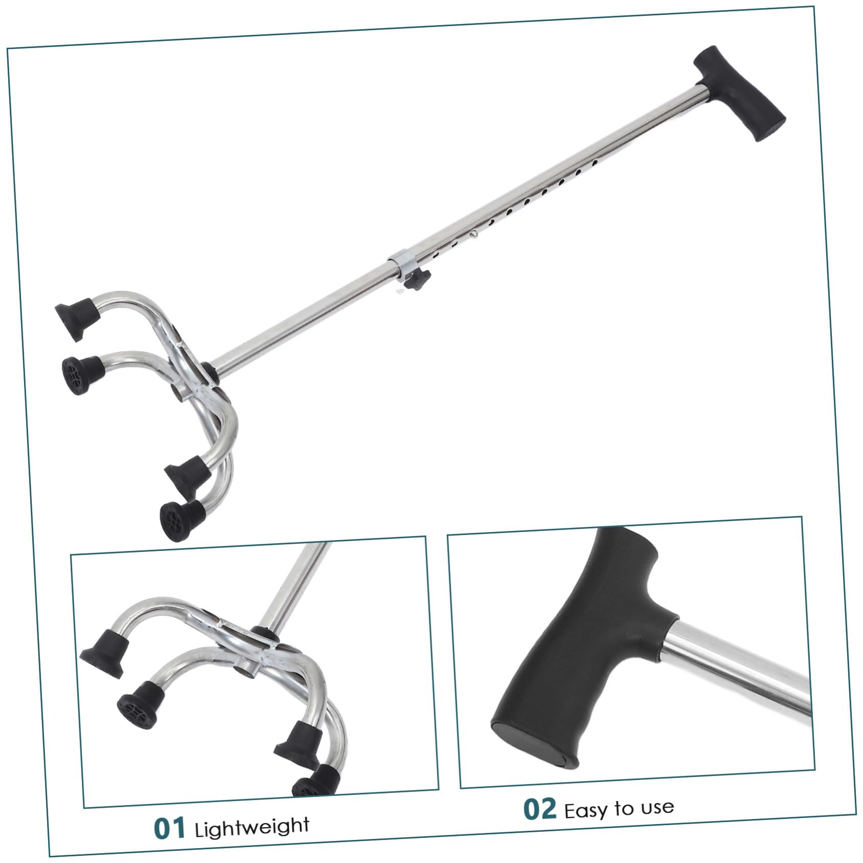 Hohopeti Verstellbarer Edelstahl Gehstock mit Flacher Vierfuß Basis rutschfest für Senioren und Gehbehinderte Ergonomisch Stabil für Innen Außenbereiche