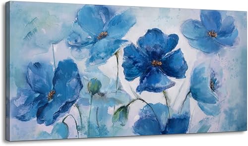 Lienzo decorativo grande para pared, diseño de flores azules, impresiones florales abstractas, arte de pared enmarcado para dormitorio, decoración
