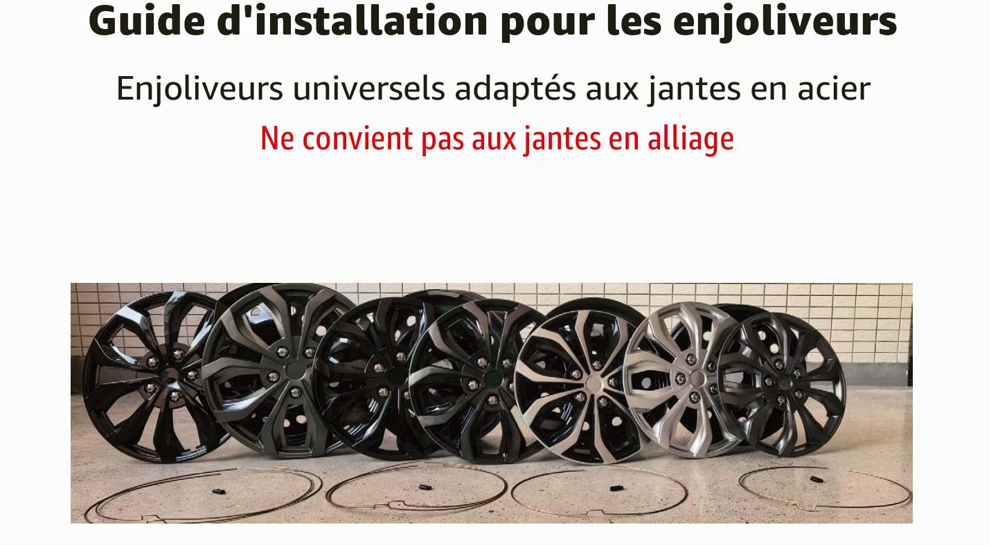 Lot de 4 enjoliveurs universels compatibles avec jantes en acier, design Snap-On (noir, 17")