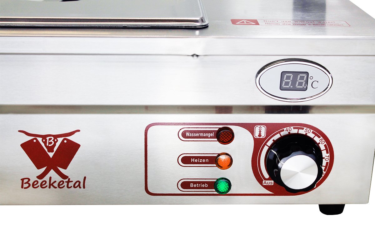 Produktbild von Beeketal BBM-A Bain Marie Profi – 1200W, 35-65°C, Edelstahl, Mit Ablaufhahn – Warmhaltegerät Für GN 1/1 Behälter