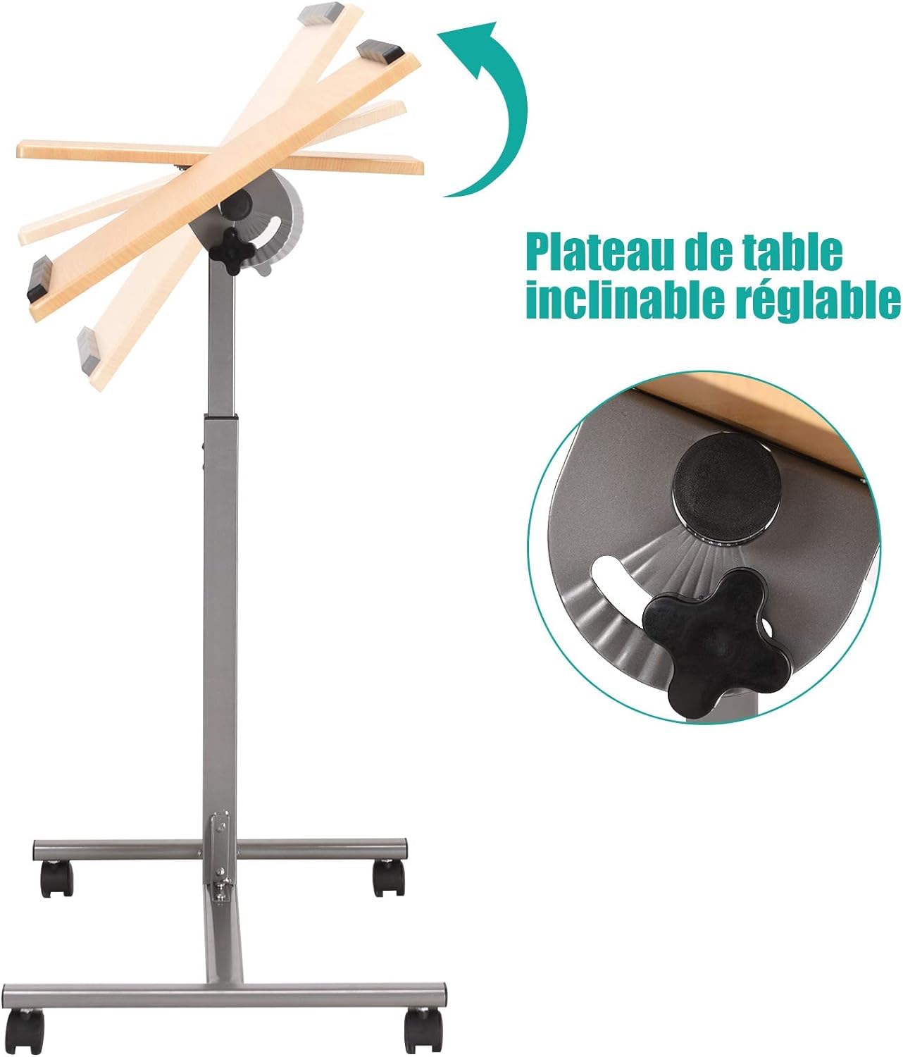 RELAX4LIFE Table de Lit pour Ordinateur Hauteur Réglable 64x45x64-95CM avec 4 roulettes Tablette Inclinable (Naturel)