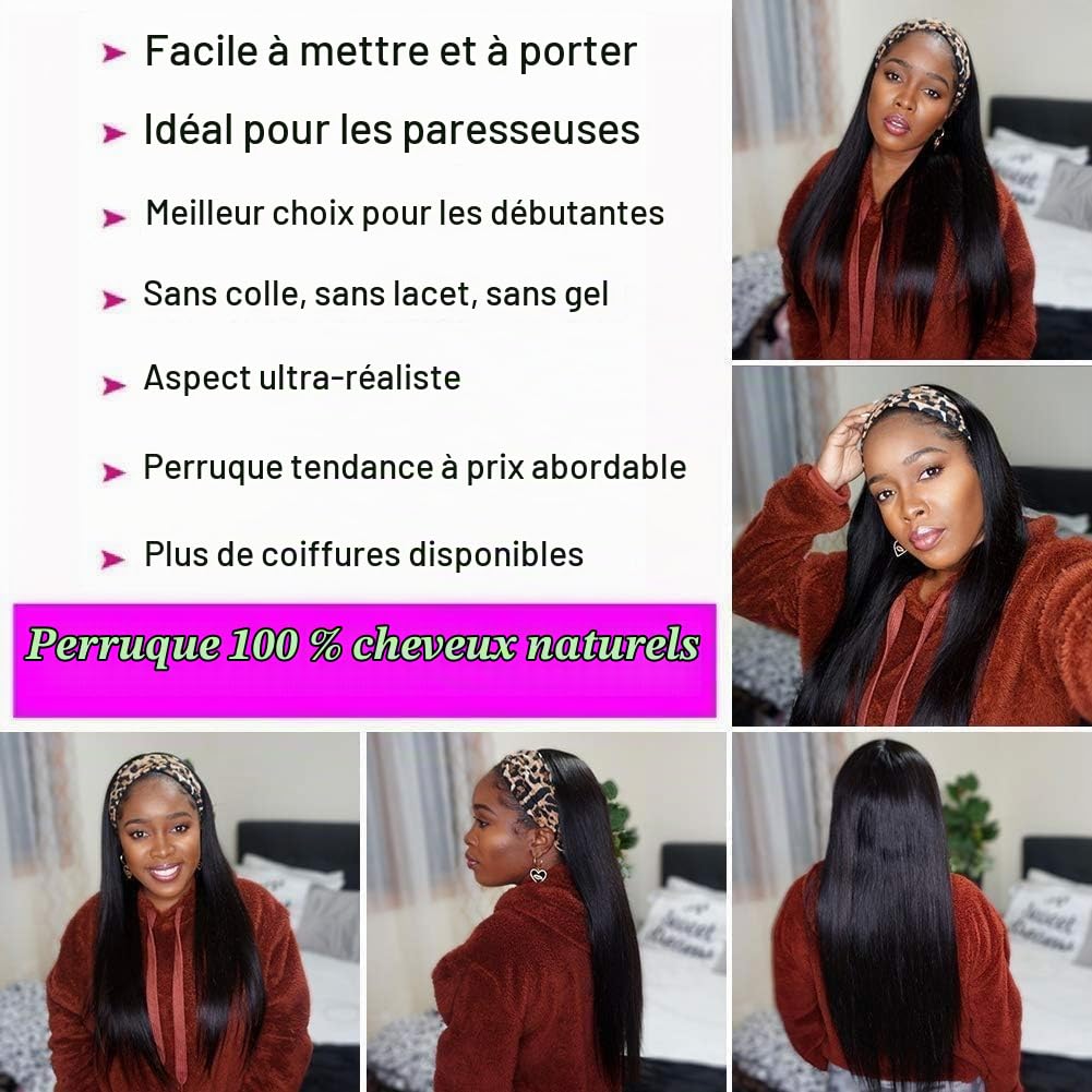 Perruque de cheveux humains pour femmes noires - Perruque droite - Densité de 150 % - Sans colle - Couleur naturelle - 45,7 cm
