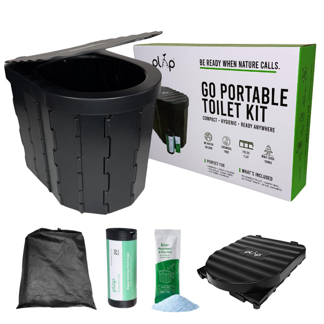 PlopEco® Go Portable Toilet Kit – Complete Foldable Camping Toilet with Bags & Eco Toilet Powder Included, Portable Emergency Toilet for Camping, Travel, Van Life & Festivals