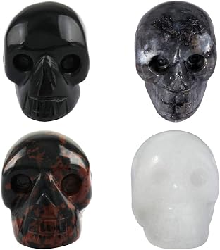Rockcloud 1" Multi Stone Pack of 4 Human Reiki Skull Figurine Statue | Hand Carved Stone Sculptures, Home Decoration Ornament, for Meditation, Healing Crystal Collection, Office Decoration