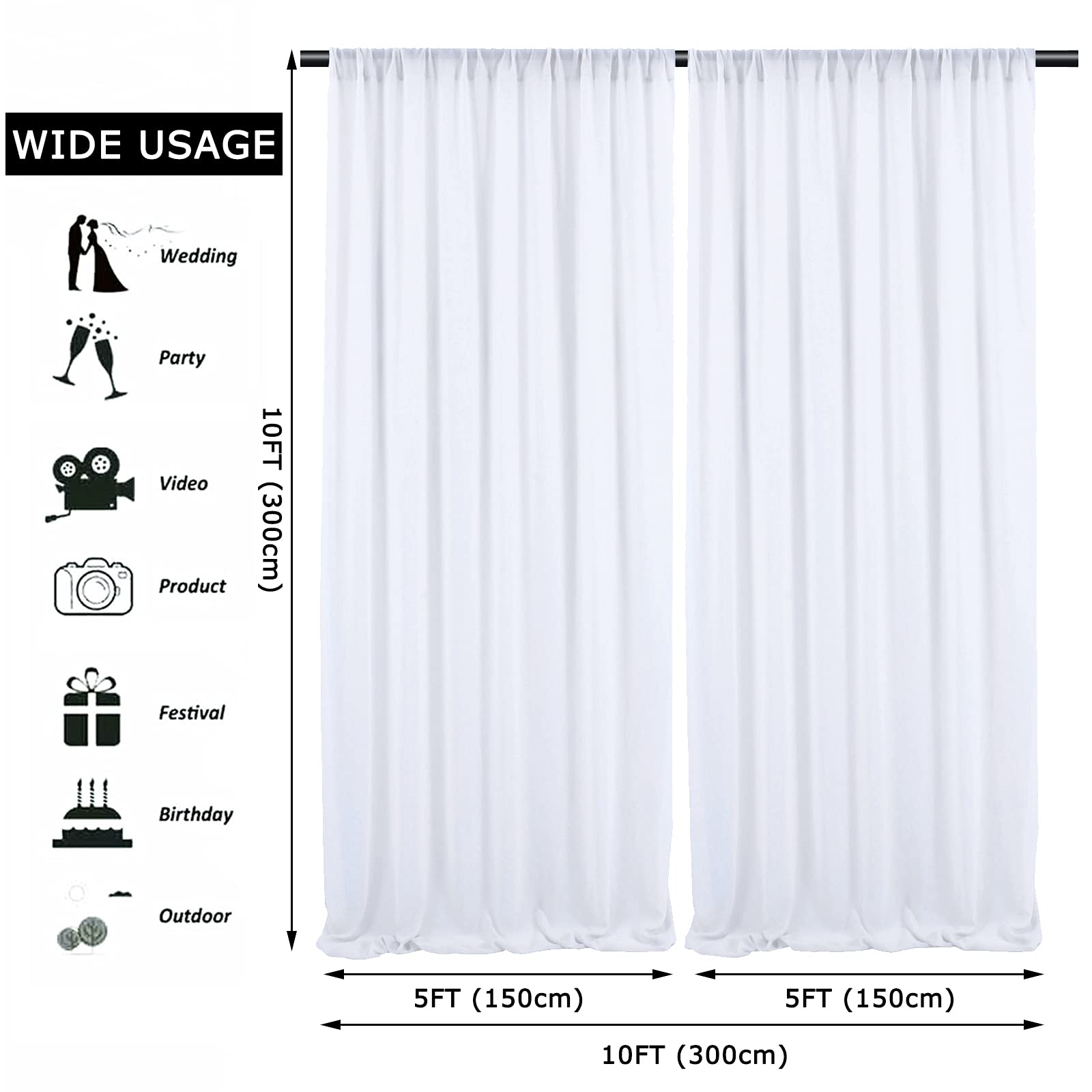 Lot de 2 rideaux en mousseline de soie blanche de 3 x 3 m - 4 panneaux de 1,5 x 3 m - Tissu semi-transparent - Toile de fond pour mariage, fête d'anniversaire, fête nuptiale, décoration de scène