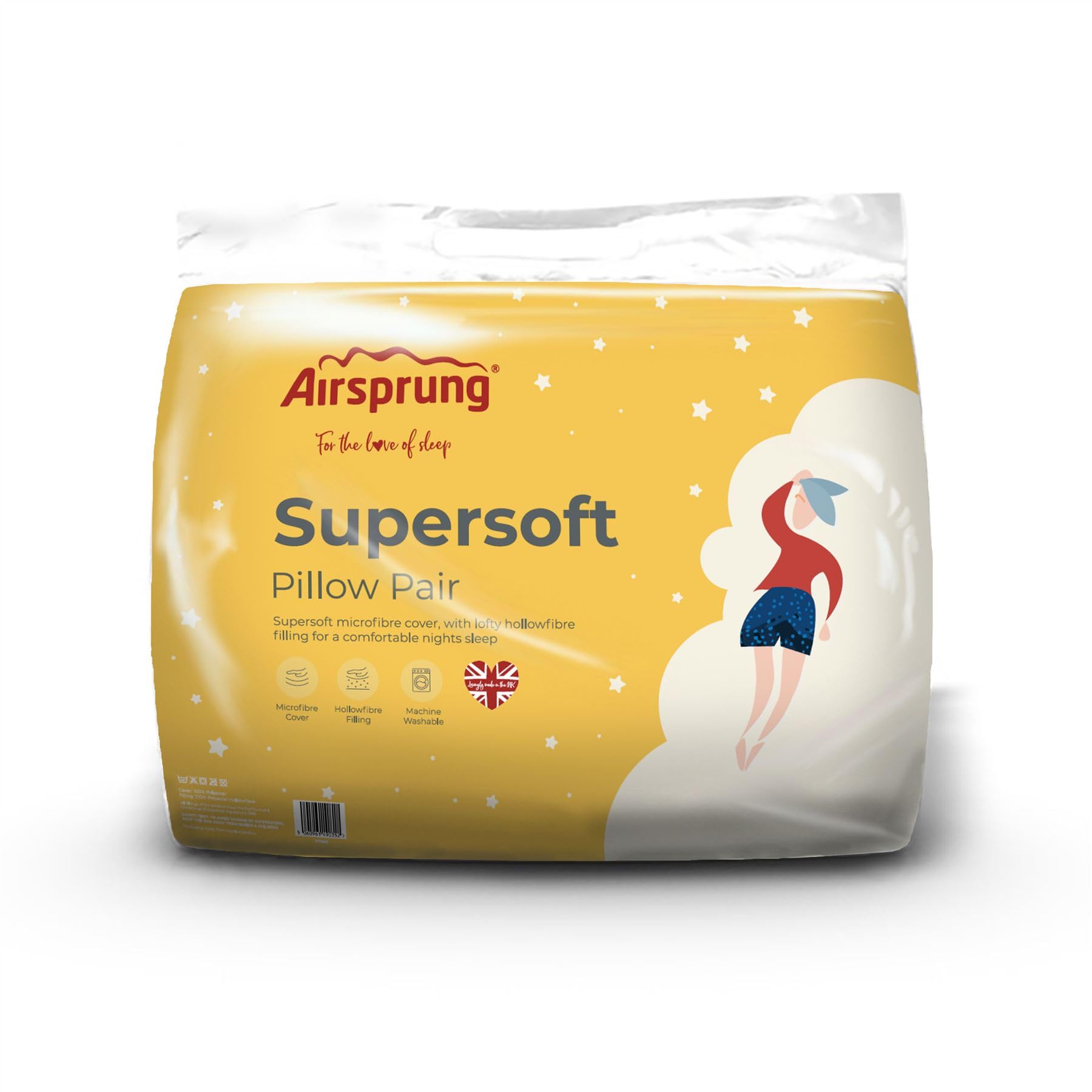 Airsprung Supersoft Pair Pillows Hollowfibre Soft Touch Hotel Quality Machine Washable Made In UK 48cm x 74cm (19" x 29")