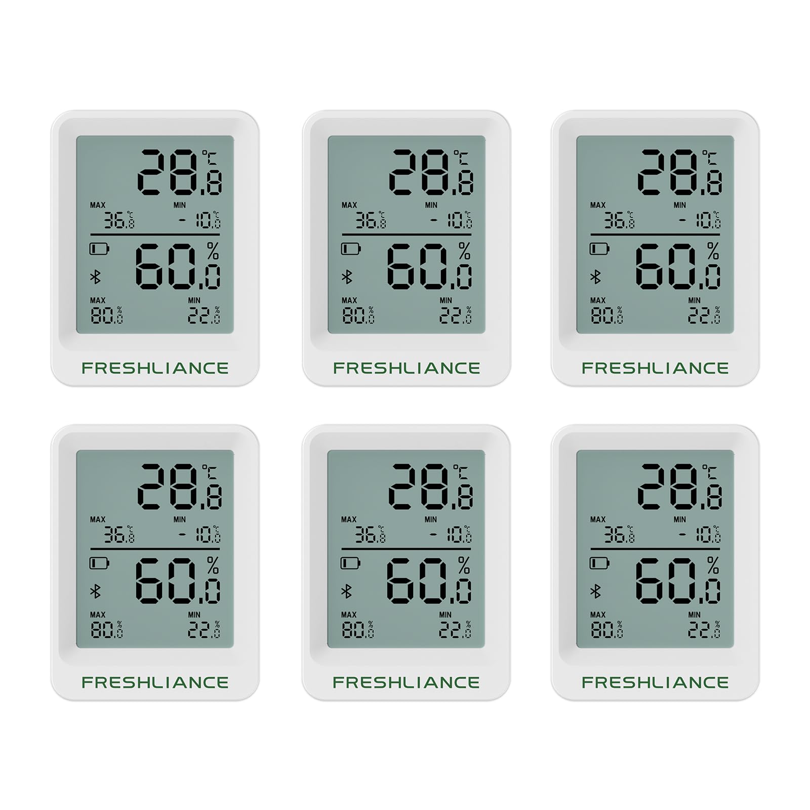 Freshliance Bluetooth Temperatur und Luftfeuchtigkeits Datenlogger, Kühlschrank Gefrierschrank Thermometer Hygrometer, Digitaler Fern Temperatur und Feuchtigkeitsmonitor mit Smart App Datenanalyse 6St