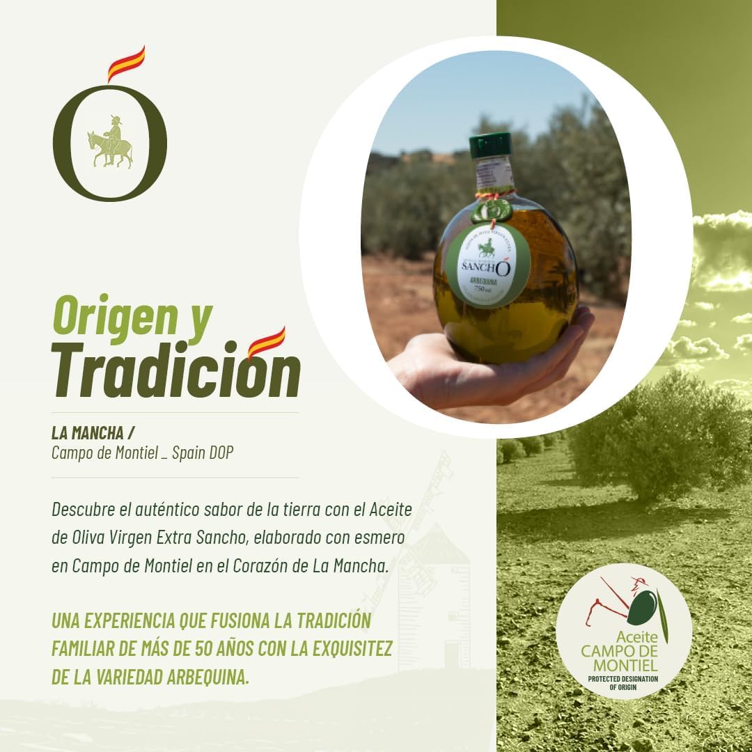 Aceite de oliva virgen extra arbequina pack 6 x 750 ml botella de plástico | aove gourmet aromático extraído en frío | aceite premium español para cocina | sancho la mancha, dop campo de montiel.