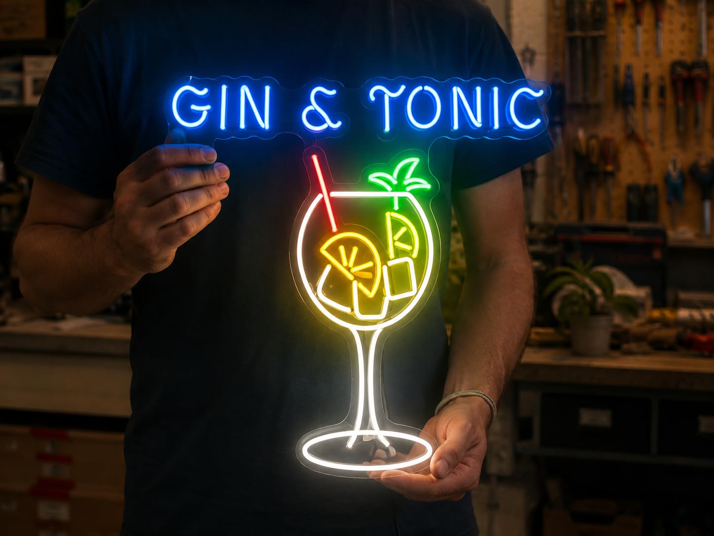 Letrero GIN & TONIC Cartel Luminoso LED Escaparate, Decoración de Pared en Metacrilato, Luz Brillante, aproximadamente 23X60 alimentación 12v