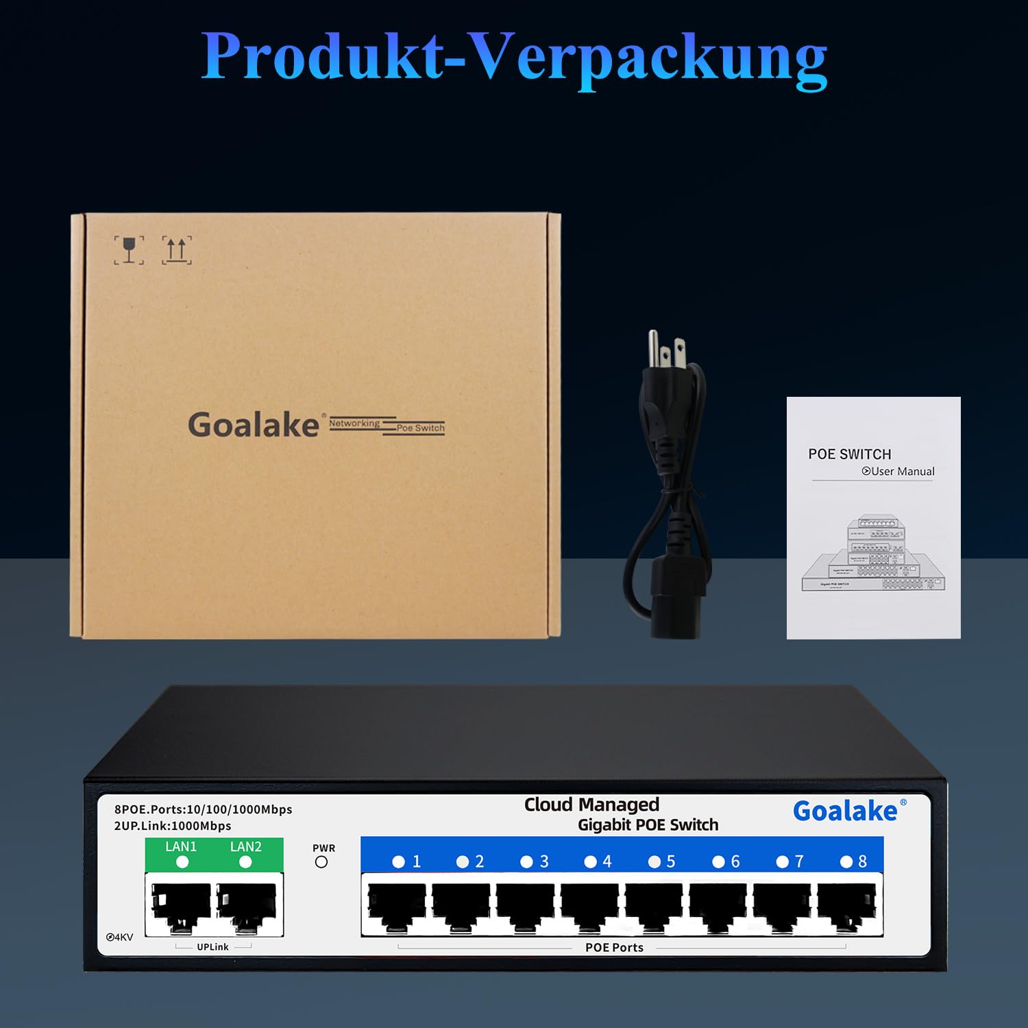 Goalake Switch PoE+ de 10 Puertos - 8 Puertos PoE a 120W, 2 Gigabit Uplink, 802.3af/at - Gestionado en la Nube, App Fácil, Detección en la Nube, VLAN