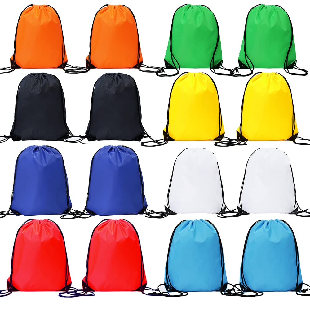 16 Pcs Drawstring Bags Bulk, Polyester Draw String Bags, Gym Sports Cinch Bag Drawstring Backpack for Women Men, 8 Colors
