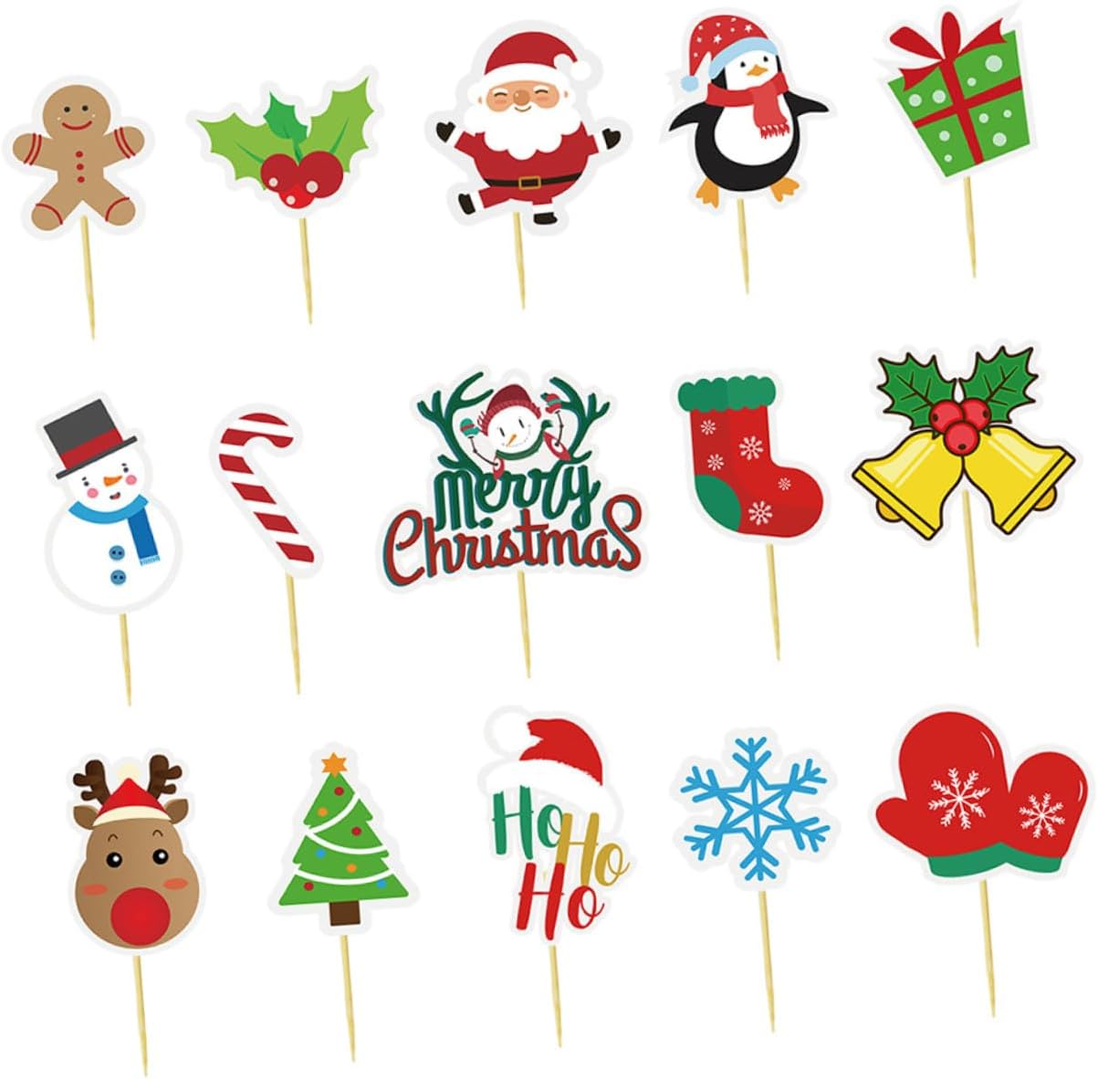 HEMOTON 30pcs Christmas Cake Toppers and Cupcake Picks Party Supplies Non-edible Xmas Cake Inserts Decorations for Holiday Dessert Table