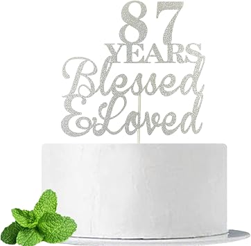 JIEEIN 87 Years Blessed & Loved Cake Topper for 87th Birthday, Wedding Anniversary Party Decorations Supplies, Double Sided Silver Glitter