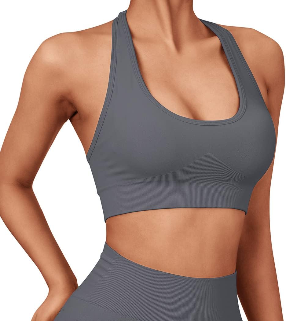 SUUKSESS Women Seamless Halter Sports Bra Open Back Padded Workout Crop Tank Tops - Image 3