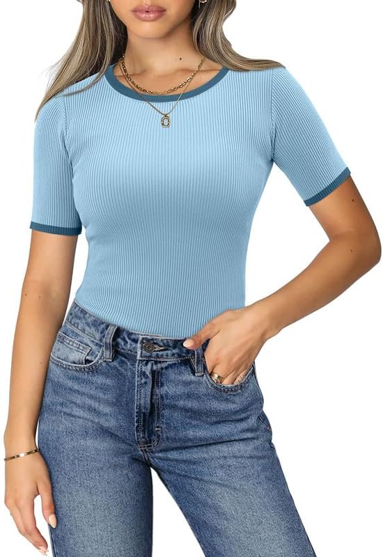 KISSMODA 2024 Women’s Fashion Short Sleeve Crew Neck Ribbed Knit Slim Fit T-Shirt Summer Basic Casual Color Block Tee Tops